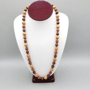 Brown Round Wooden Beads Necklace Single Strand Gold Tone Spring Ring Clasp